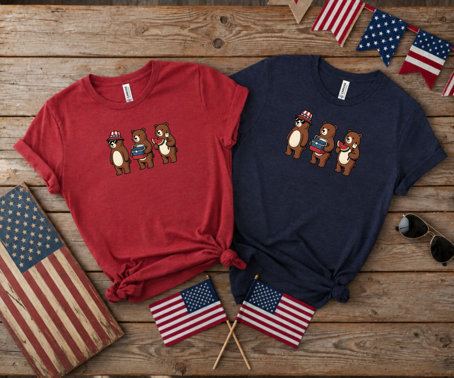 Two patriotic t-shirts featuring bears with American flag elements.