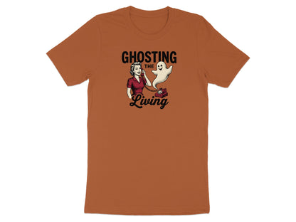 T-shirt graphic with text "GHOSTING THE Living", a woman on phone and a ghost.