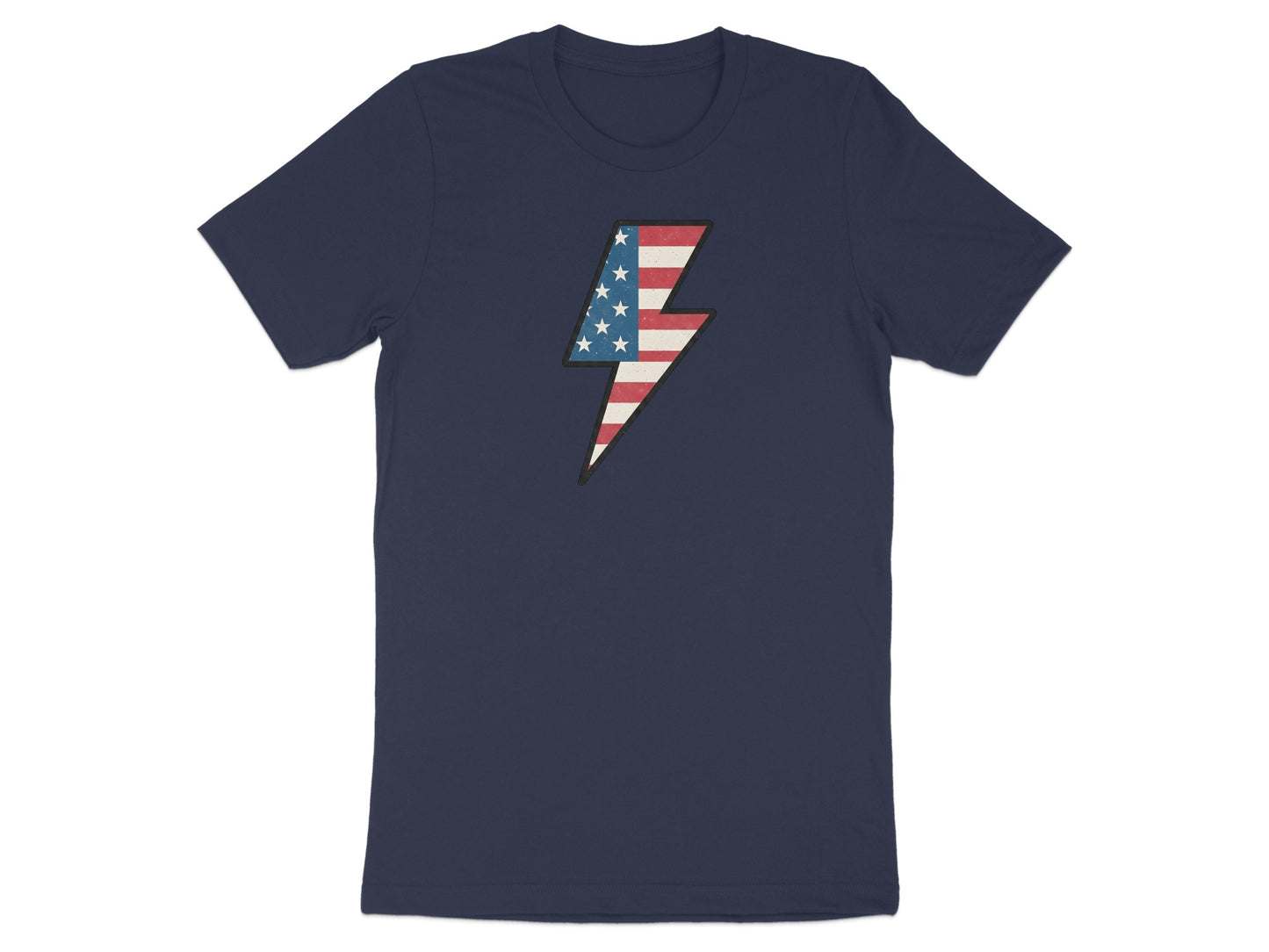 Navy t-shirt with a distressed American flag lightning bolt graphic.