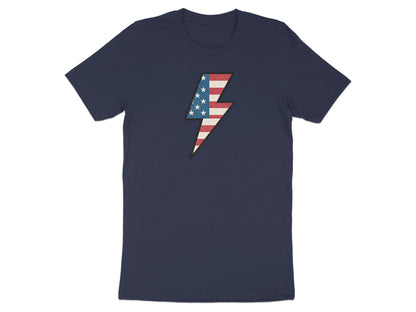 Navy t-shirt with a distressed American flag lightning bolt graphic.