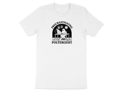 White t-shirt with "Procrastinating Poltergeist" text and a ghost at a desk.