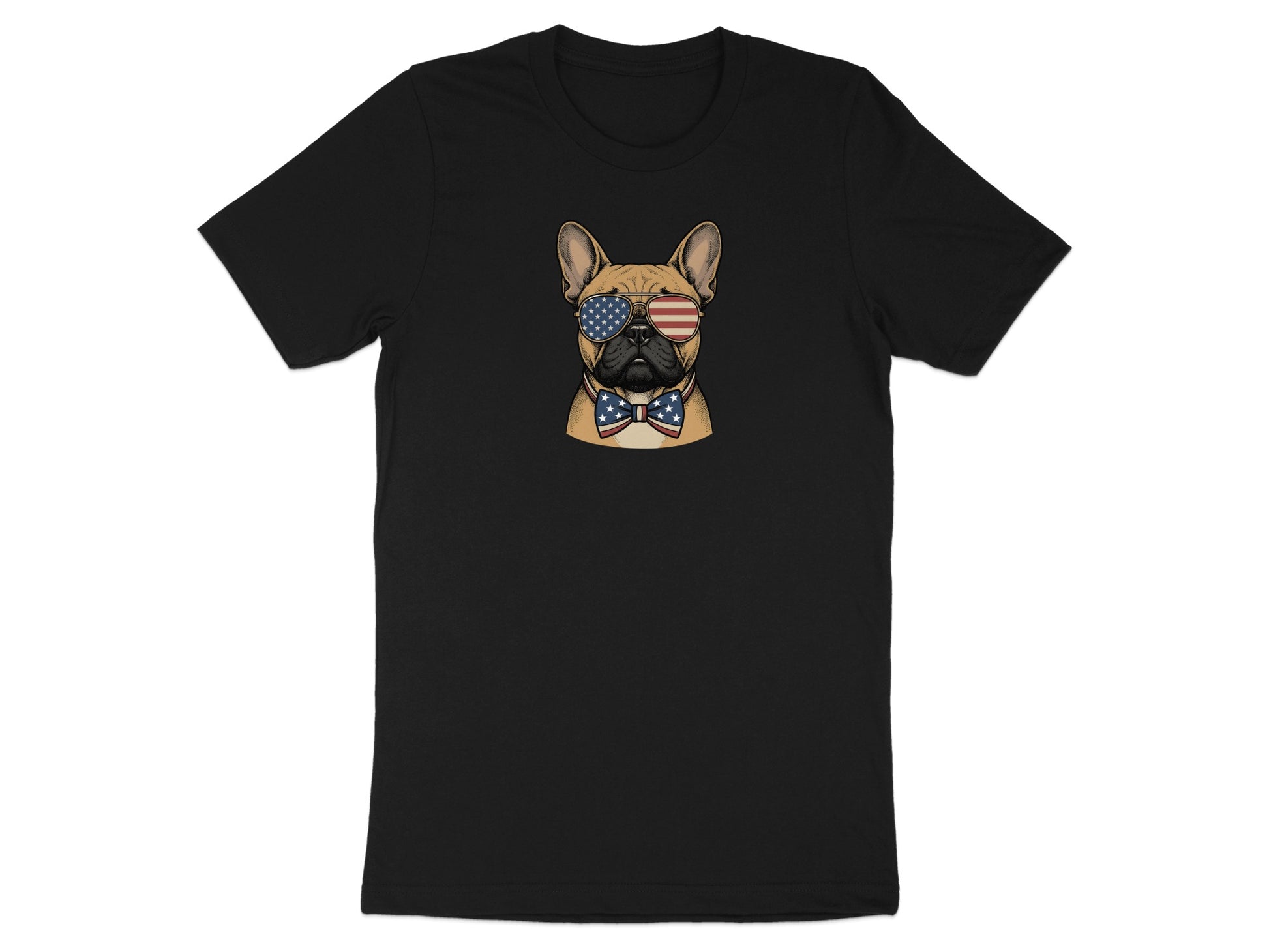 French bulldog wearing American flag sunglasses and bow tie on black t-shirt.