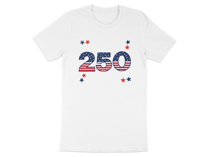 White t-shirt with "250" in American flag colors and small stars.