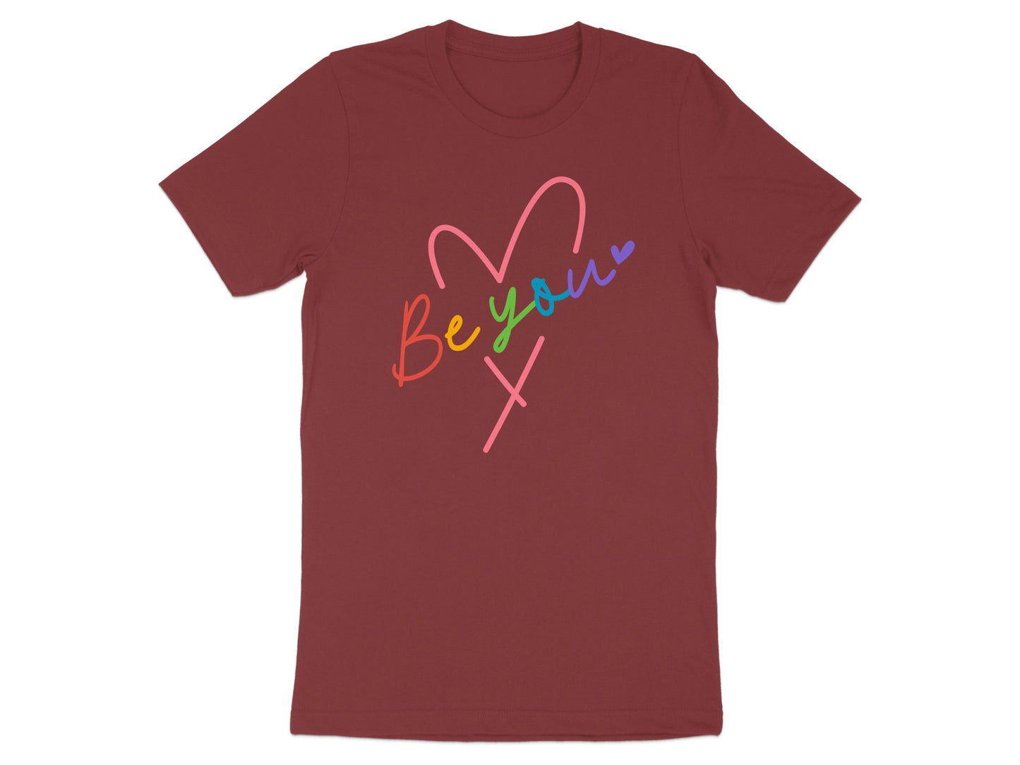 Maroon t-shirt with rainbow "Be you" and pink X heart graphic.