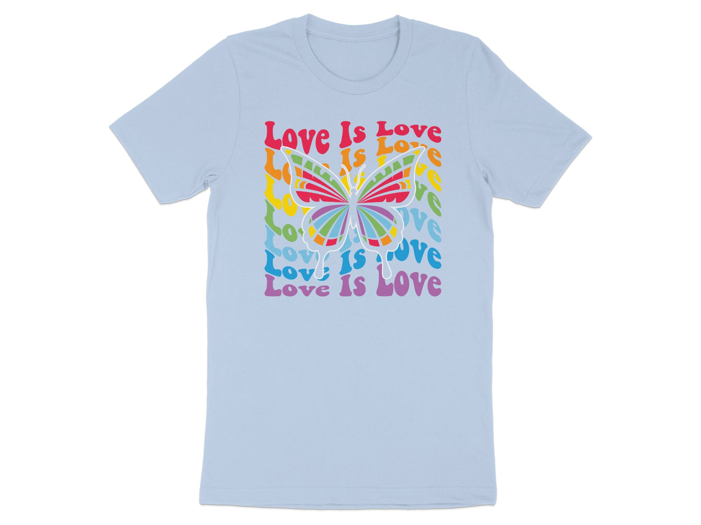 Light blue t-shirt with colorful "Love Is Love" text and butterfly design.