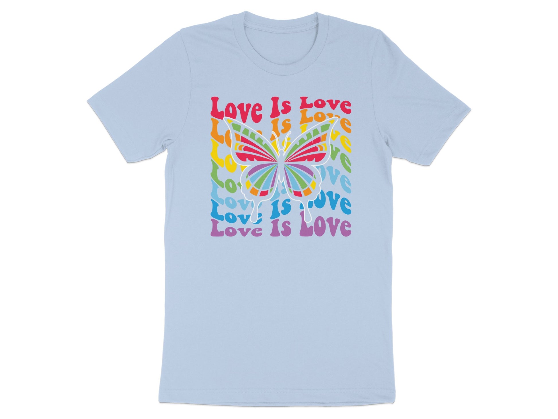 Light blue t-shirt with colorful "Love Is Love" text and butterfly design.