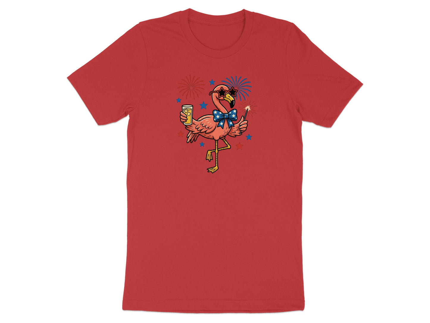 Red t-shirt with a cartoon flamingo in sunglasses holding a drink and sparkler.