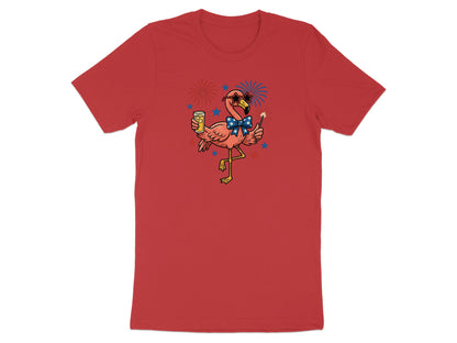 Red t-shirt with a cartoon flamingo in sunglasses holding a drink and sparkler.