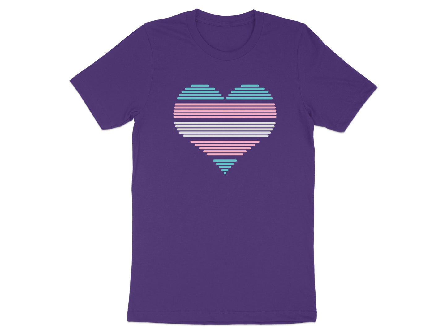 Purple t-shirt with a horizontal striped transgender pride heart graphic.
