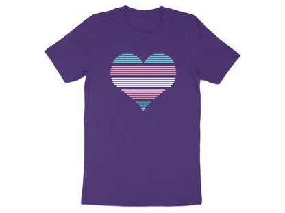Purple t-shirt with a horizontal striped transgender pride heart graphic.