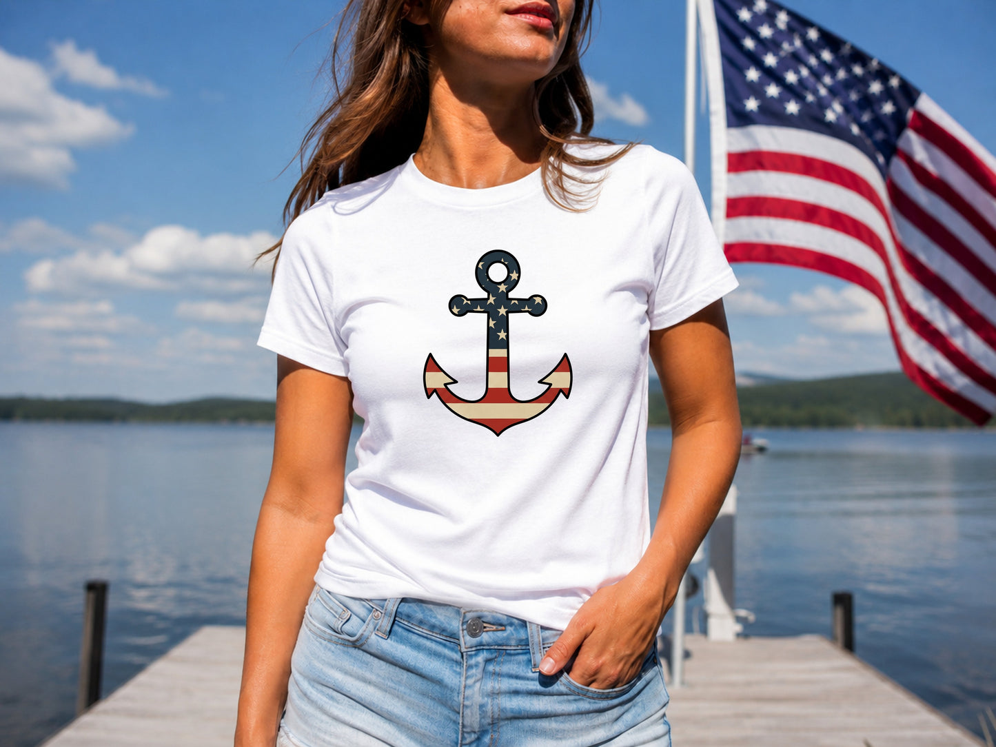 Woman wearing white t-shirt with American flag anchor design.