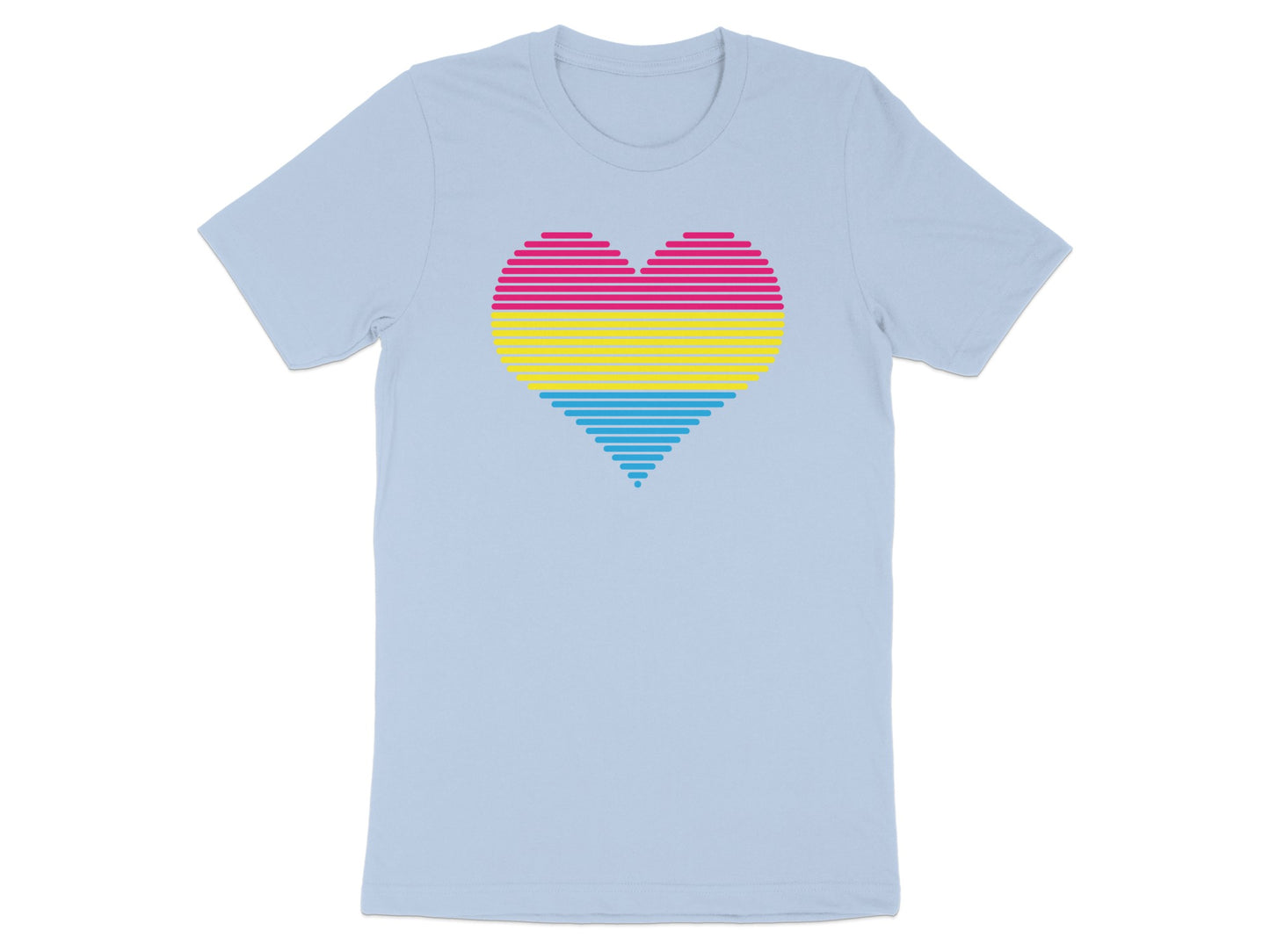 Light blue t-shirt with a pansexual pride heart design.