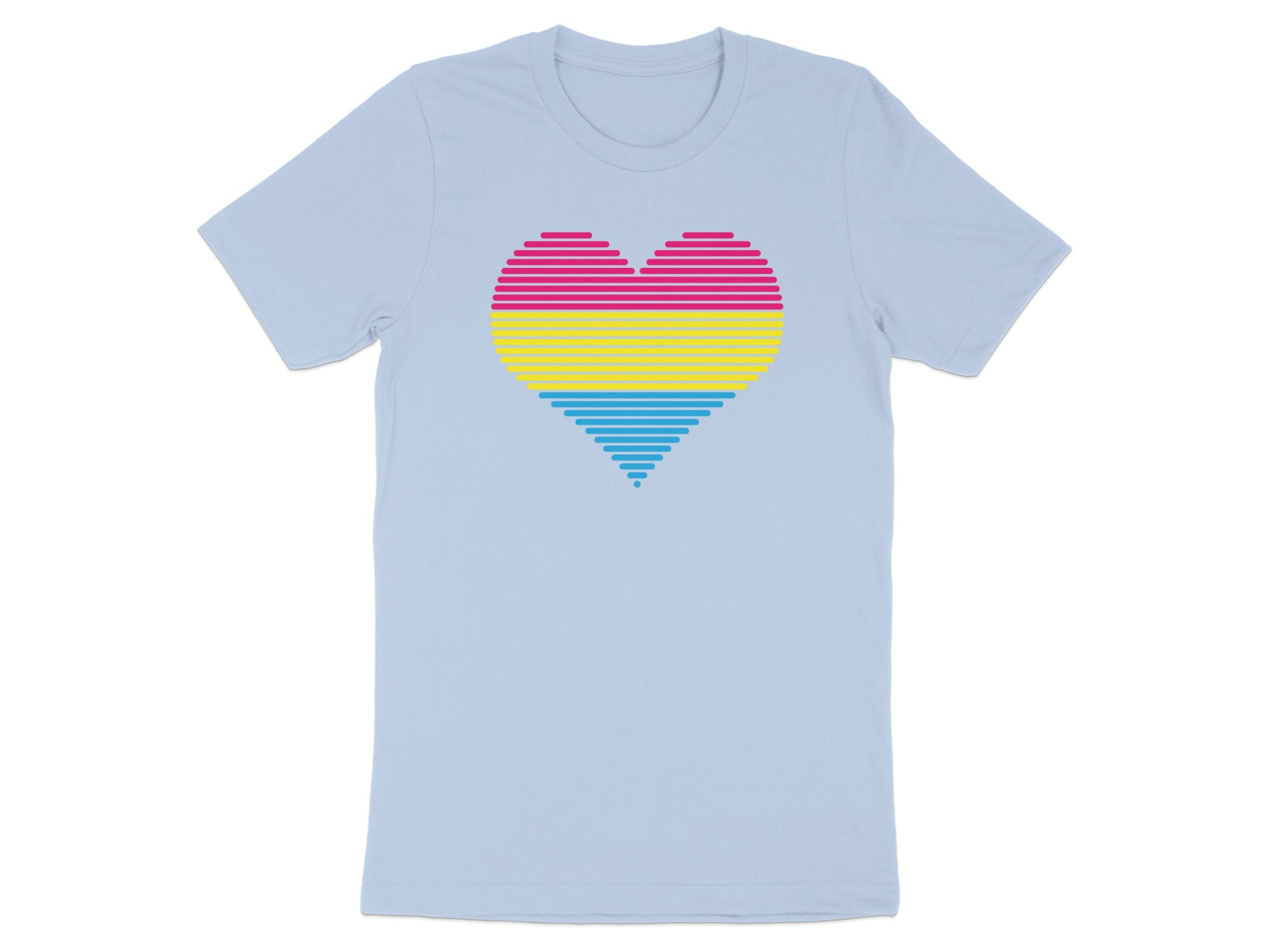 Light blue t-shirt with a pansexual pride heart design.