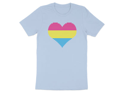 Light blue t-shirt with a pansexual pride heart design.