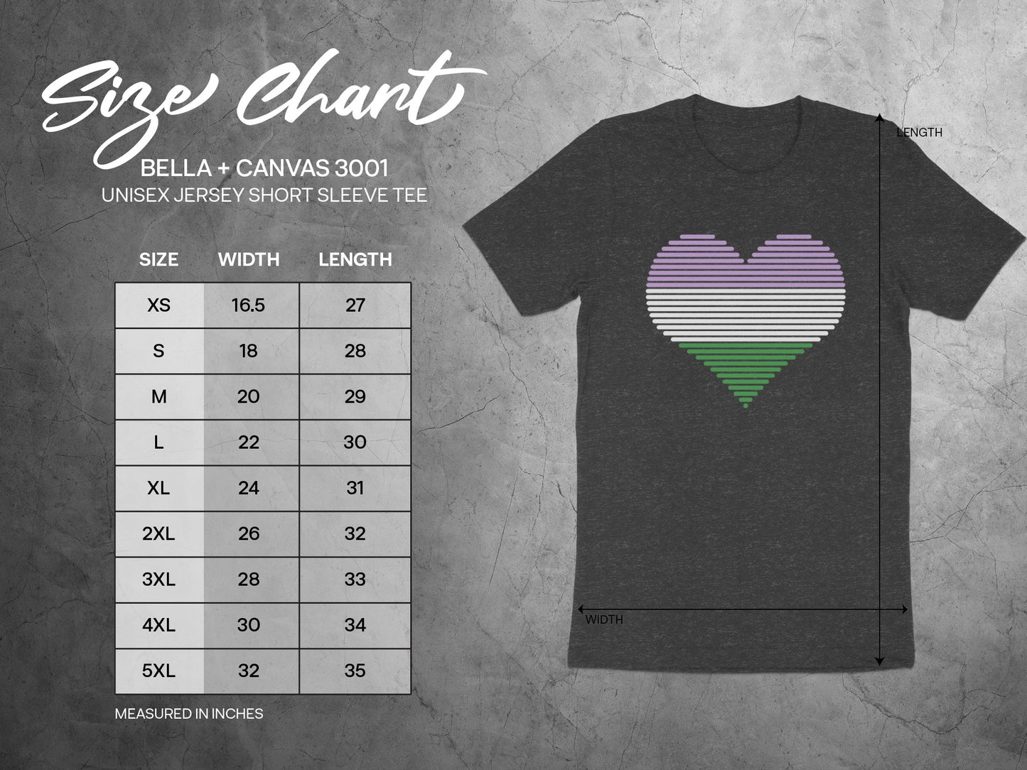 Size chart for Bella + Canvas 3001 unisex jersey tee with dimensions.
