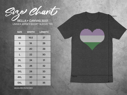 Size chart for Bella + Canvas 3001 unisex jersey tee with dimensions.