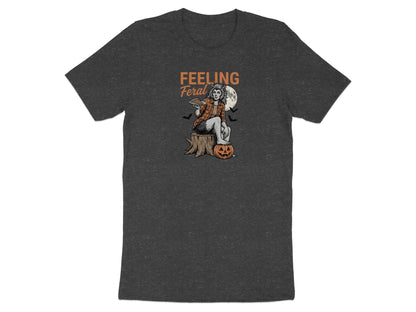 Werewolf woman with pie sits on stump next to pumpkin, text "FEELING Feral".