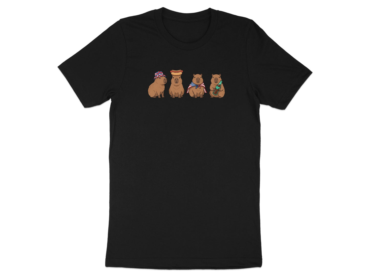 Four cartoon capybaras in patriotic outfits on a black t-shirt.
