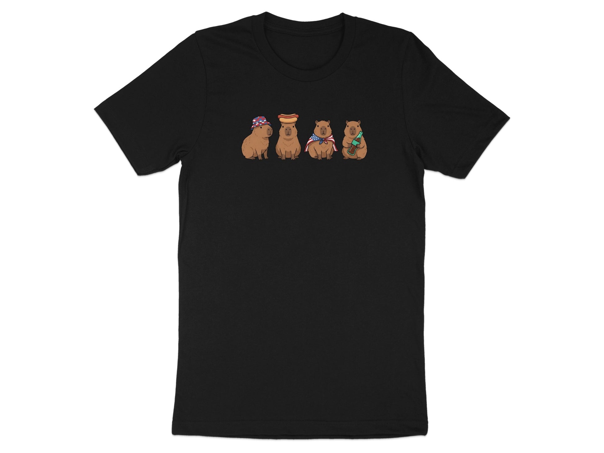 Four cartoon capybaras in patriotic outfits on a black t-shirt.