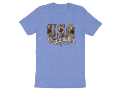 Blue t-shirt with "USA 250th Anniversary" text and floral accents.