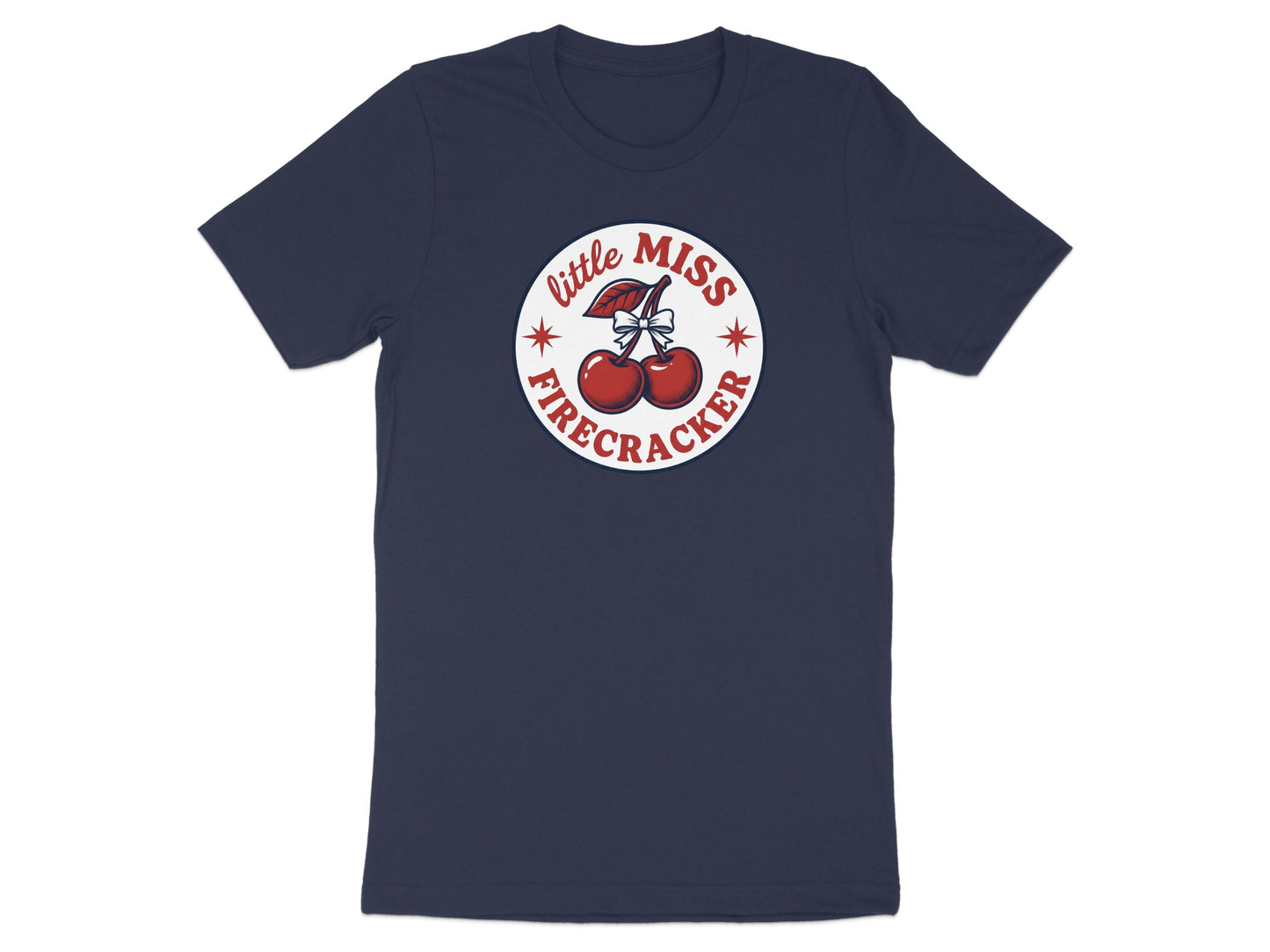 Navy t-shirt with circular "Little Miss Firecracker" logo featuring cherries.