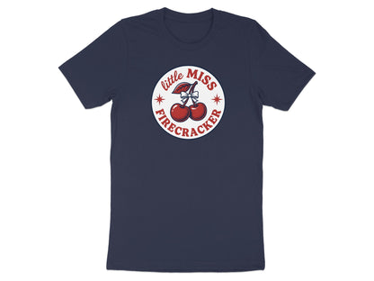 Navy t-shirt with circular "Little Miss Firecracker" logo featuring cherries.
