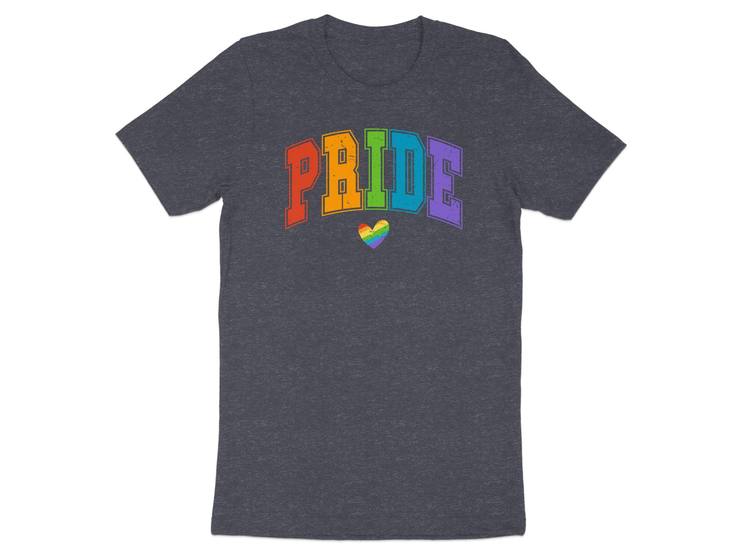 Dark grey t-shirt with rainbow "PRIDE" text and a small rainbow heart.