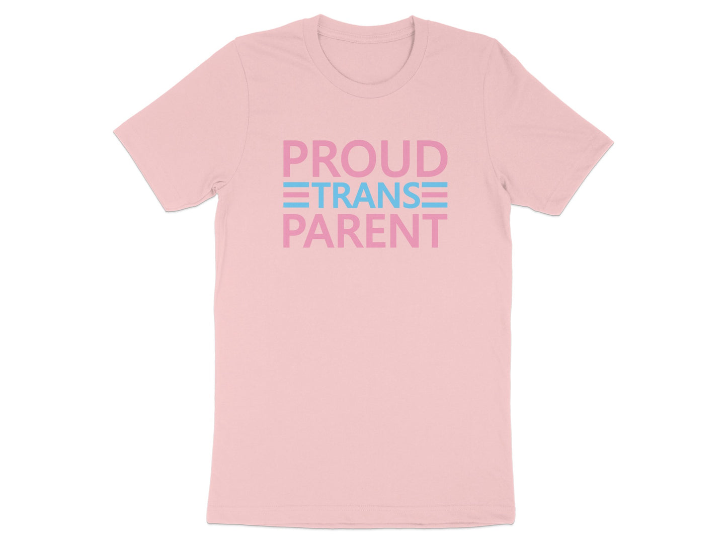 Pink t-shirt with text "PROUD TRANS PARENT" in pastel stripes.