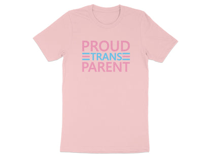 Pink t-shirt with text "PROUD TRANS PARENT" in pastel stripes.