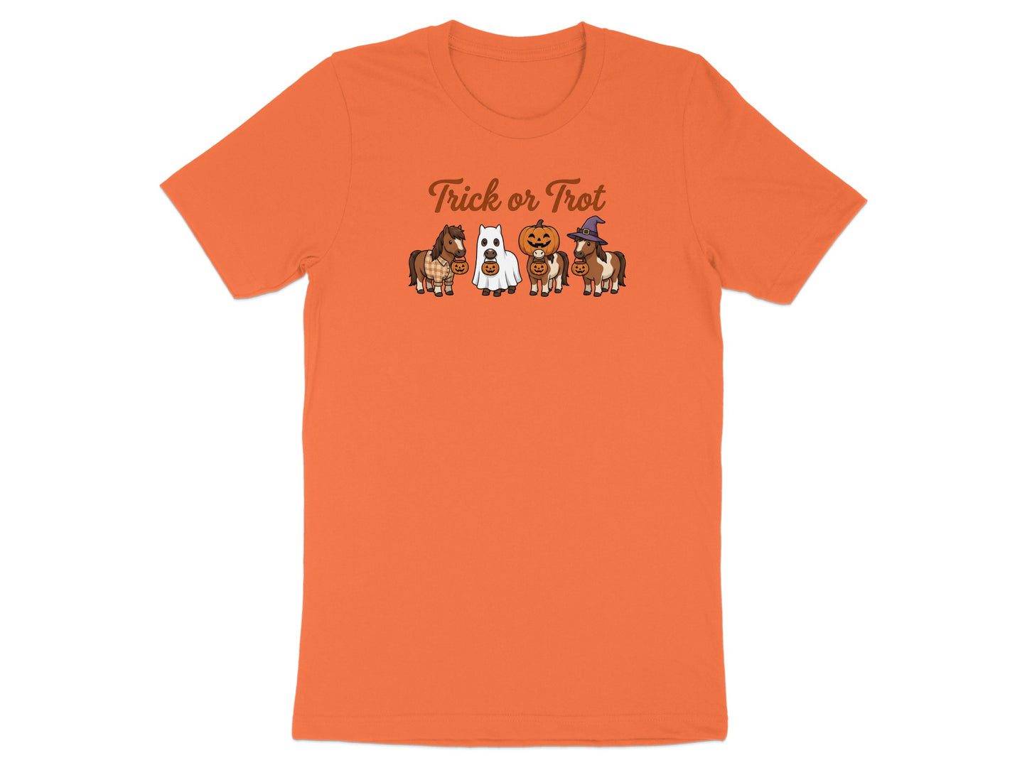 Orange t-shirt with cartoon horses in Halloween costumes and text "Trick or Trot".