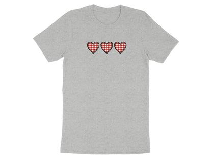 Gray t-shirt with three red and white checkered hearts embroidered across the chest.