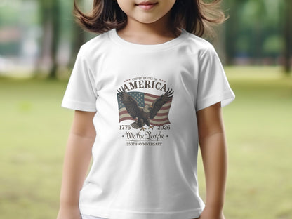 Child wearing a white t-shirt with an American flag, eagle, and 250th anniversary text.