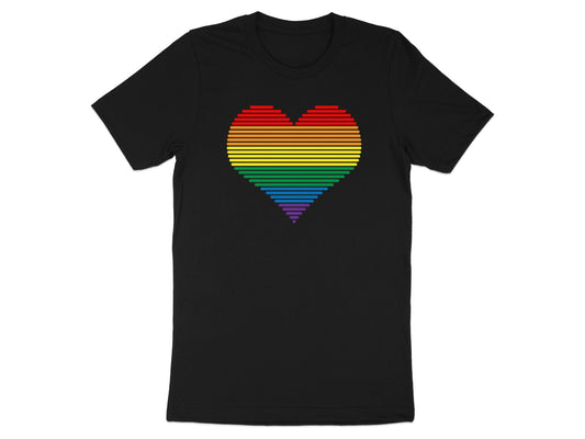 Black t-shirt with a rainbow-striped heart graphic.
