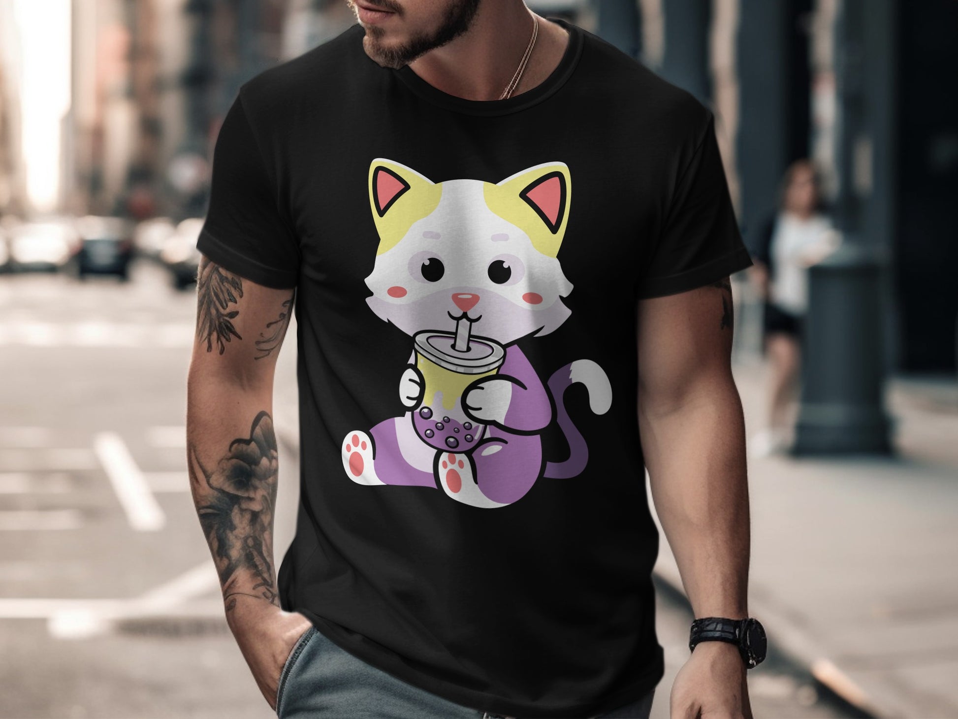 Black t-shirt with a cartoon cat holding a bubble tea drink.