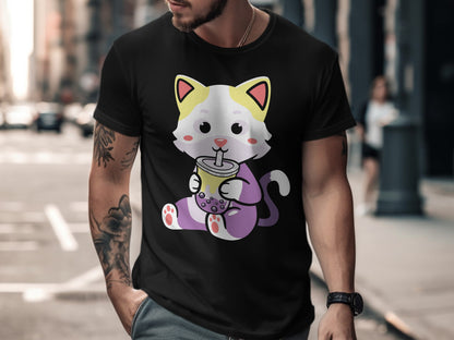 Black t-shirt with a cartoon cat holding a bubble tea drink.