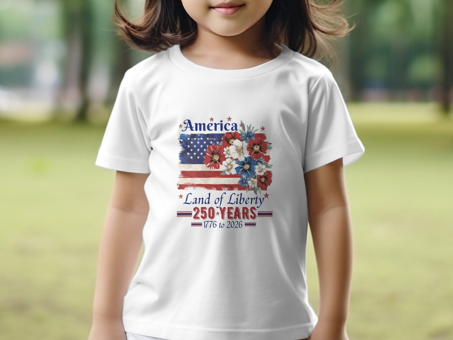 White t-shirt with patriotic USA flag and floral design, "America Land of Liberty 250 Years 1776-2026".