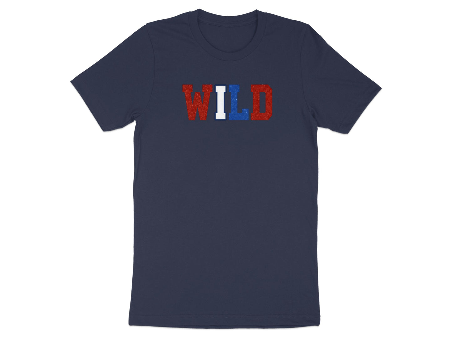 Navy t-shirt with "WILD" in red, white, and blue glitter letters.