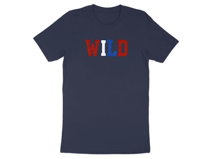 Navy t-shirt with "WILD" in red, white, and blue glitter letters.