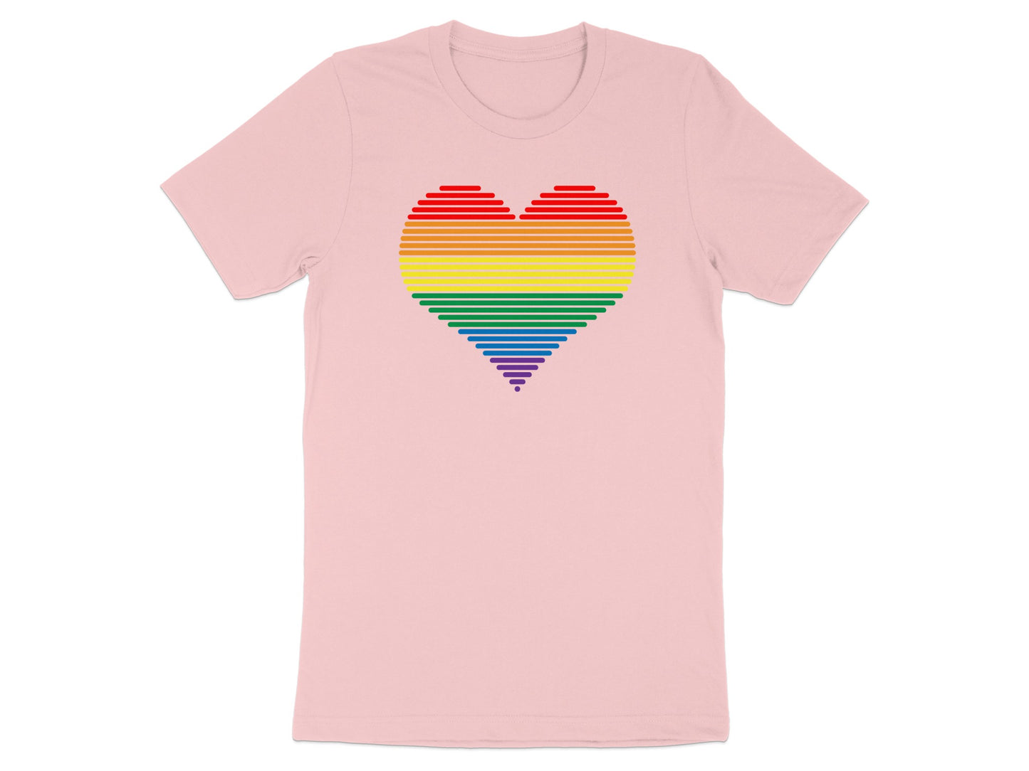 Pink t-shirt with a rainbow striped heart graphic.