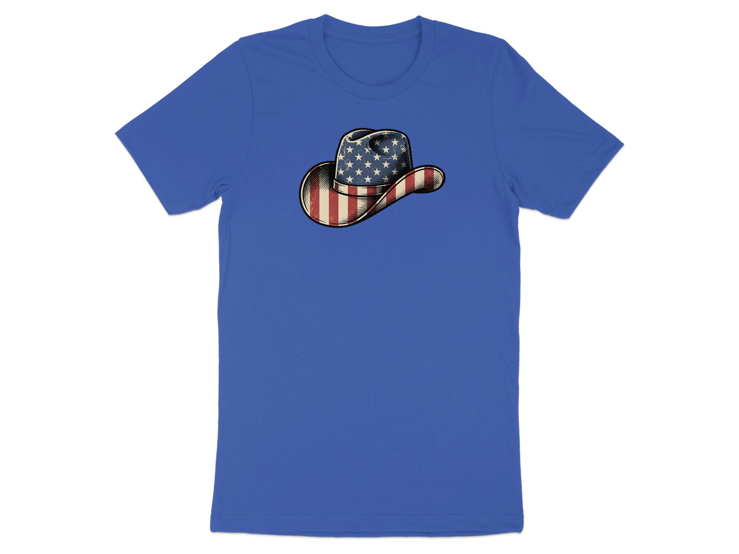 Blue t-shirt with a cowboy hat featuring the American flag design.