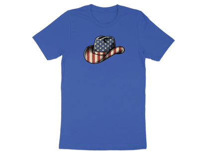 Blue t-shirt with a cowboy hat featuring the American flag design.