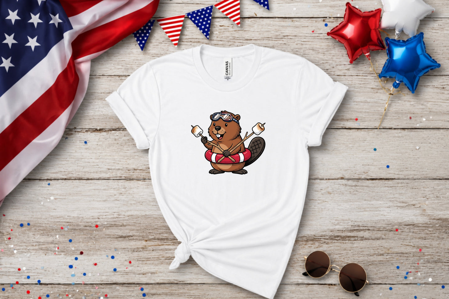 T-shirt with a cartoon beaver holding marshmallows and roasting sticks.
