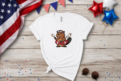T-shirt with a cartoon beaver holding marshmallows and roasting sticks.