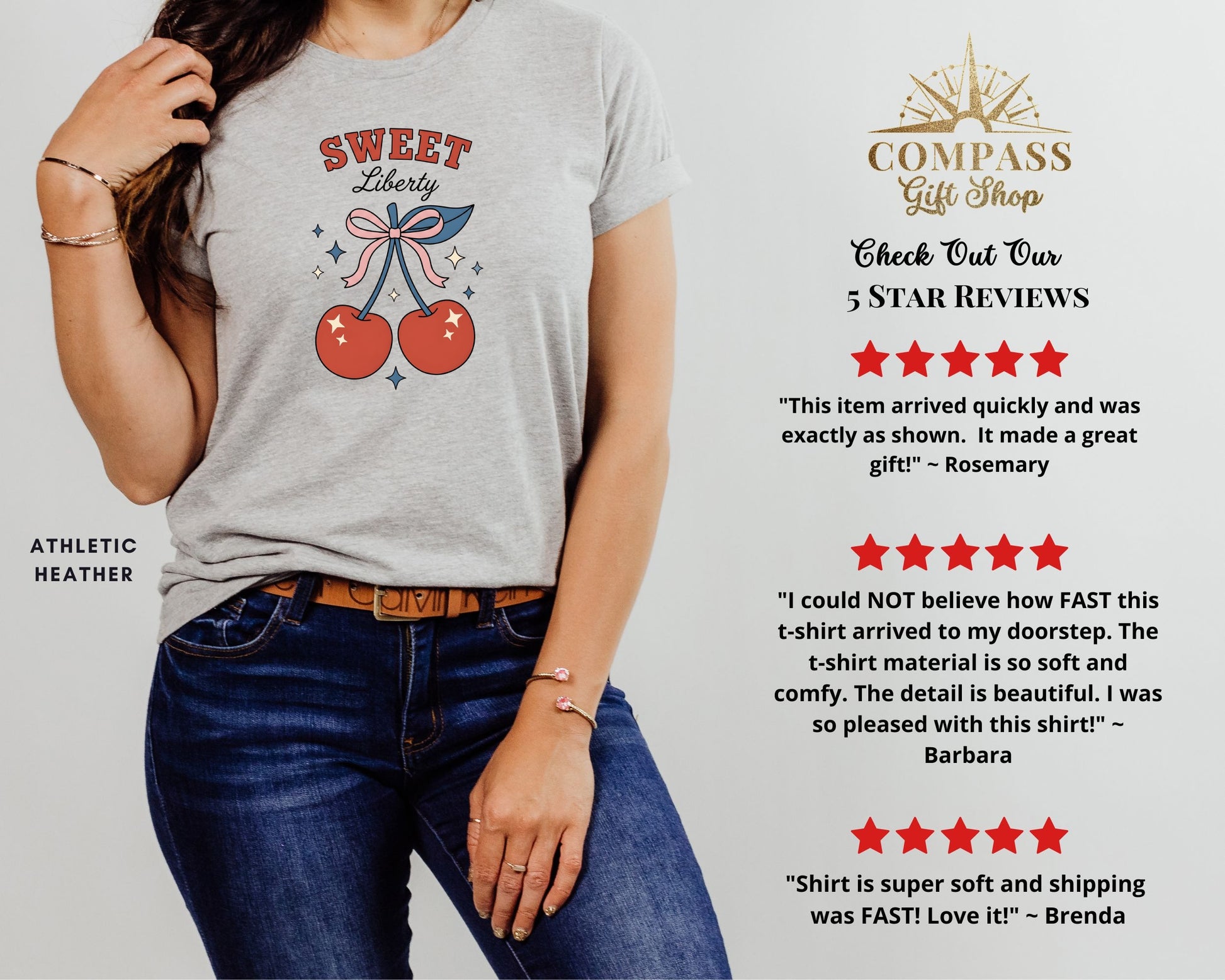 Athletic heather t-shirt with "Sweet Liberty" text and cherry graphic, showing star reviews.