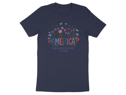 Navy t-shirt with "AMERICA" in floral letters and "250th ANNIVERSARY 1776-2026".