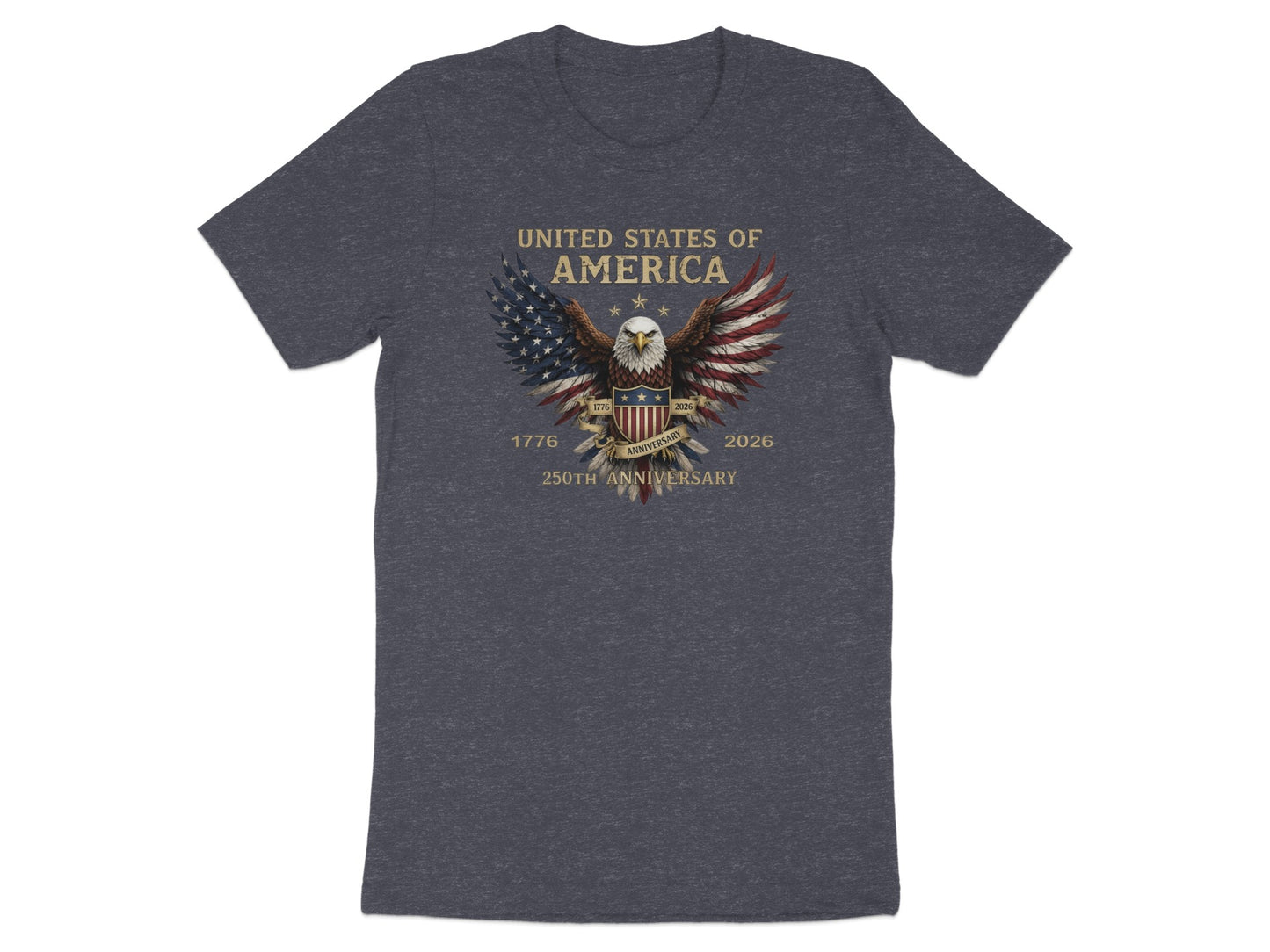 Dark gray t-shirt with American flag eagle and 1776-2026 250th Anniversary text.