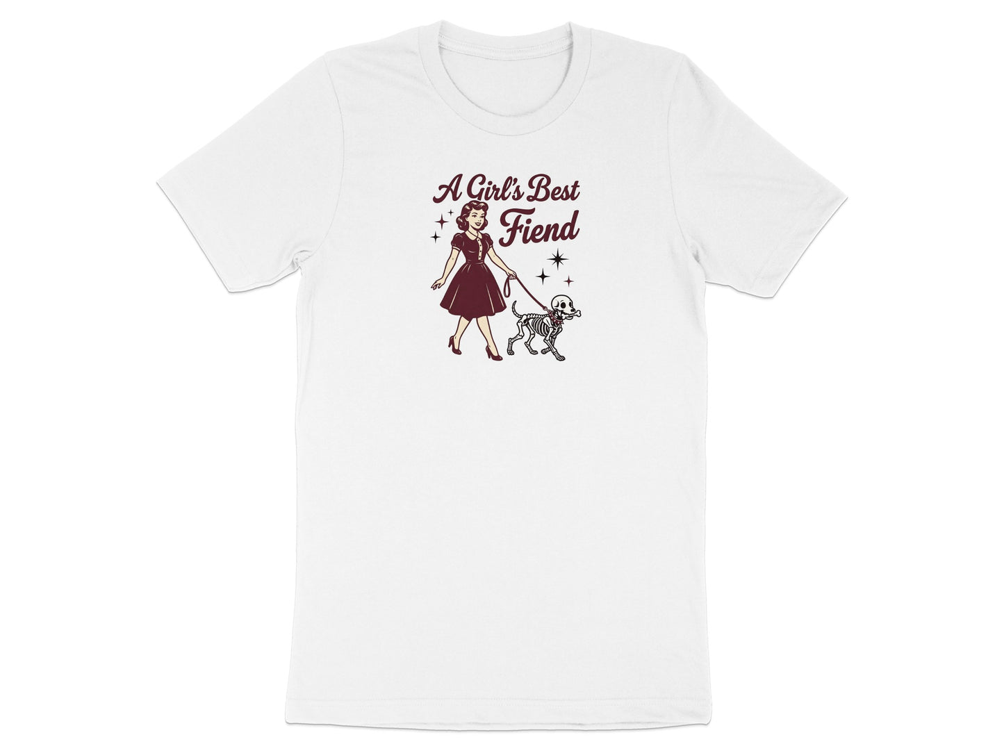White t-shirt with "A Girl's Best Fiend" graphic of a woman with a skeleton dog.