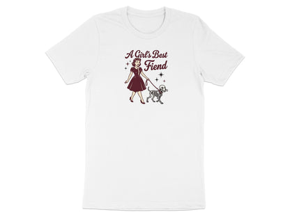 White t-shirt with "A Girl's Best Fiend" graphic of a woman with a skeleton dog.