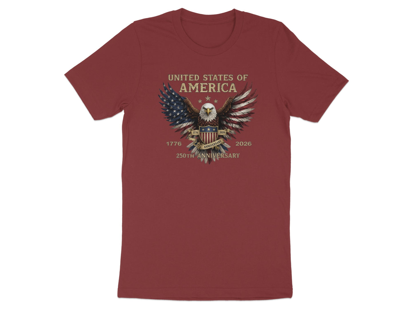 Maroon t-shirt with "United States of America 250th Anniversary" and eagle graphic.