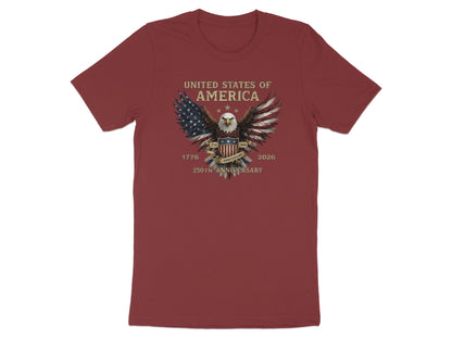 Maroon t-shirt with "United States of America 250th Anniversary" and eagle graphic.